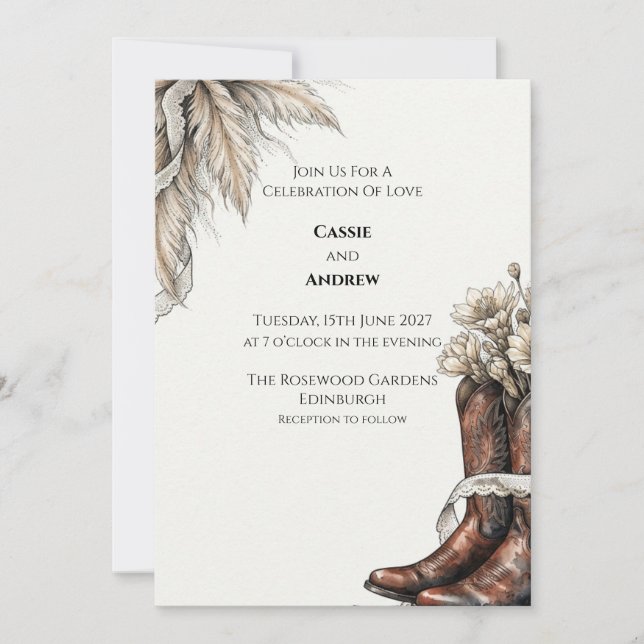 Western Cowboy Boot Pampas Bröllopsinbjudan Inbjudningar (Framsida)
