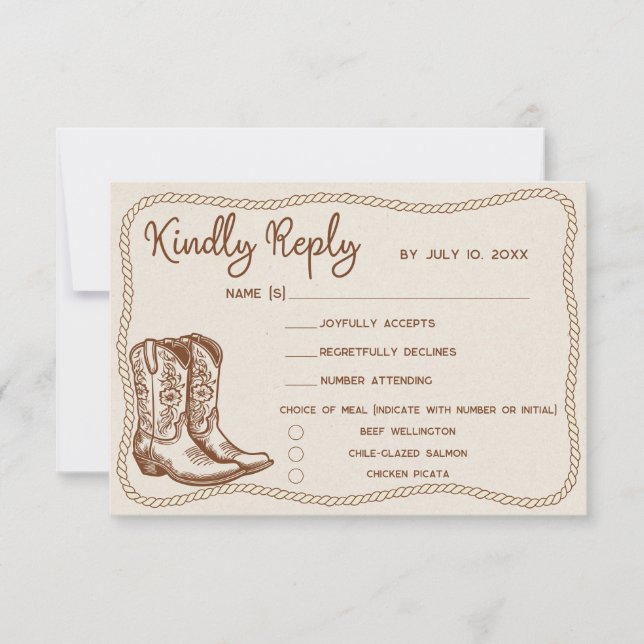 Western Cowboy Boots Barn Wedding Meal Choice OSA Kort (Framsida)