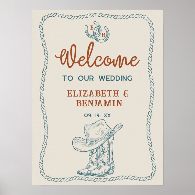 Western Cowboy Boots Horseshoe Wedding Welcome Poster (Framsidan)