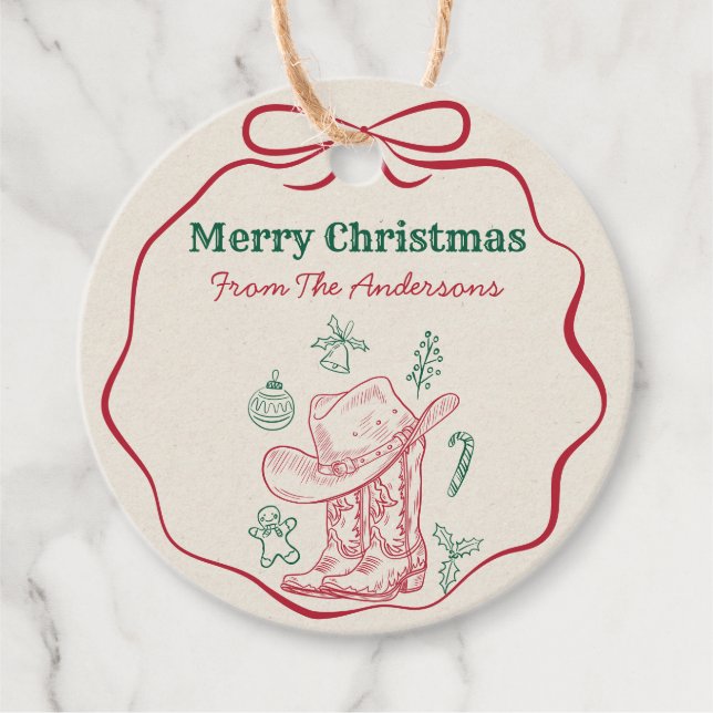 Western Cowboy Boots Retro Hand Drawn Ribbon Bow  Gåvor Etiketter (Framsida)