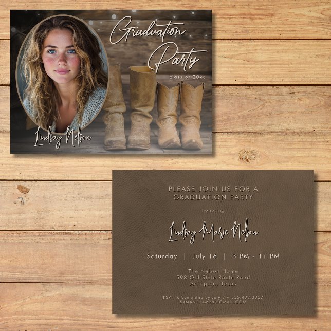 Western Cowboy Boots Rustic Photo Studentfest Inbjudningar (Western Cowboy Boots Rustic Photo Graduation Party Invitation)