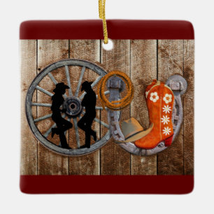 Western Cowboy Cowgirl Horseshoe Wagon Wheel Julgransprydnad Keramik