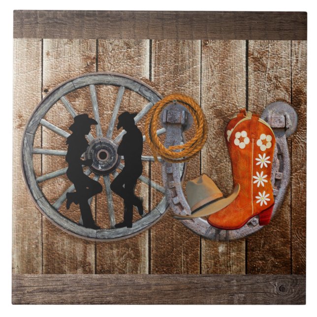 Western Cowboy Cowgirl Horseshoe Wagon Wheel Kakelplatta (Framsidan)