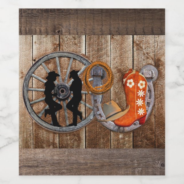 Western Cowboy Cowgirl Horseshoe Wagon Wheel Vinflaska Etikett (Singel etikett)