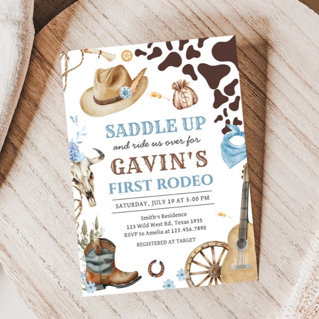 Western Cowboy First Rodeo-Födelsedagsfest Inbjudningar (Western Cowboy Saddle Up First Rodeo Birthday Party Invitation)