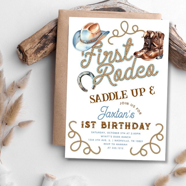 Western Cowboy Första Rodeo 1-årsdag Inbjudningar (Western Cowboy First Rodeo 1st Birthday Invitation)