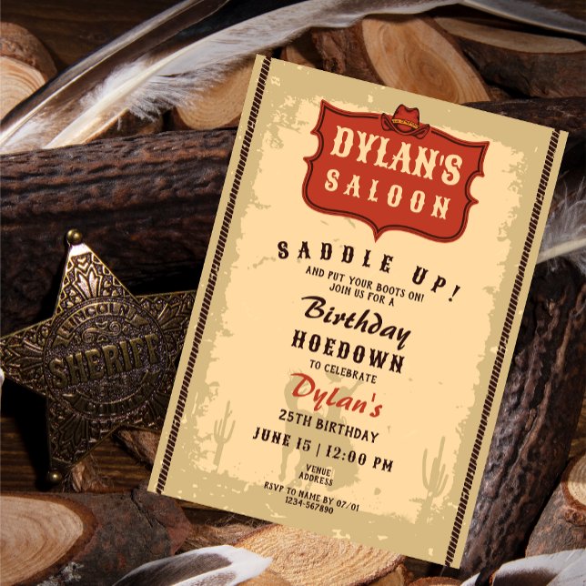 Western Cowboy Funny Birthday Rustic Soirée Inbjudningar (Western Cowboy Rodeo Saloon Theme Birthday Hoe Down Rustic Party Invitation)