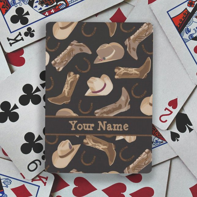Western Cowboy Hat Boots Black Brown Namn Casinokort (Deck of playing cards features cowboy cowgirl western boots and hat on black with personalized name)