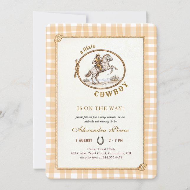 Western Cowboy Karo Gingham Bebisbyte Inbjudningar (Framsida)