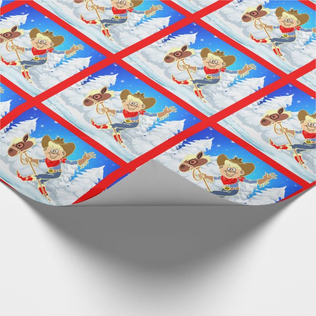 Western Cowboy Kid On Stick Horse Winter Scene Presentpapper (Hörn)