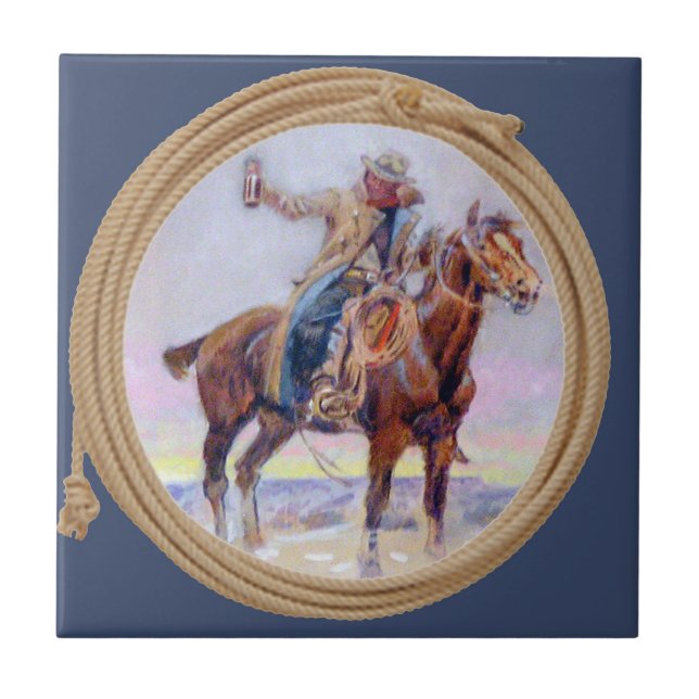 Western Cowboy på häst och innehav en drink Kakelplatta (Framsidan)