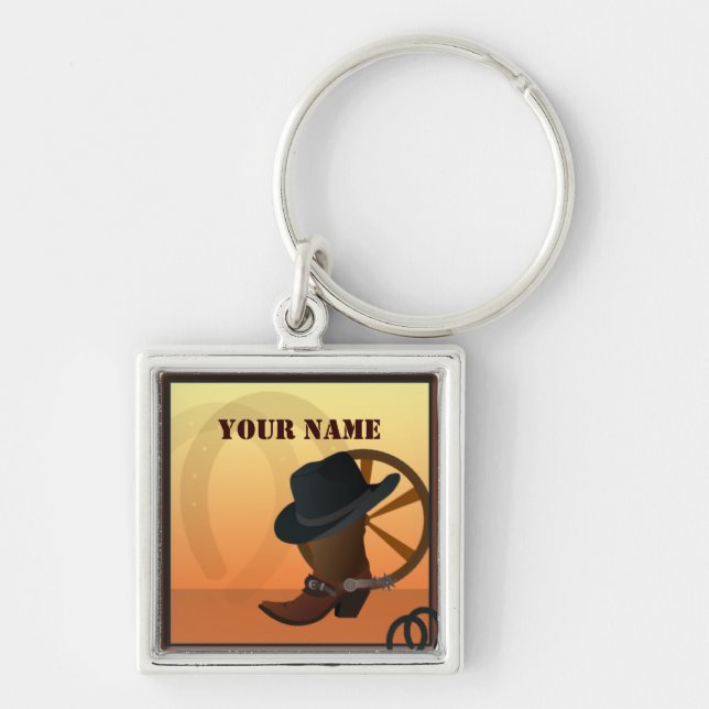 Western Cowboy Premium-nyckelkedja Fyrkantig Silverfärgad Nyckelring (Framsidan)