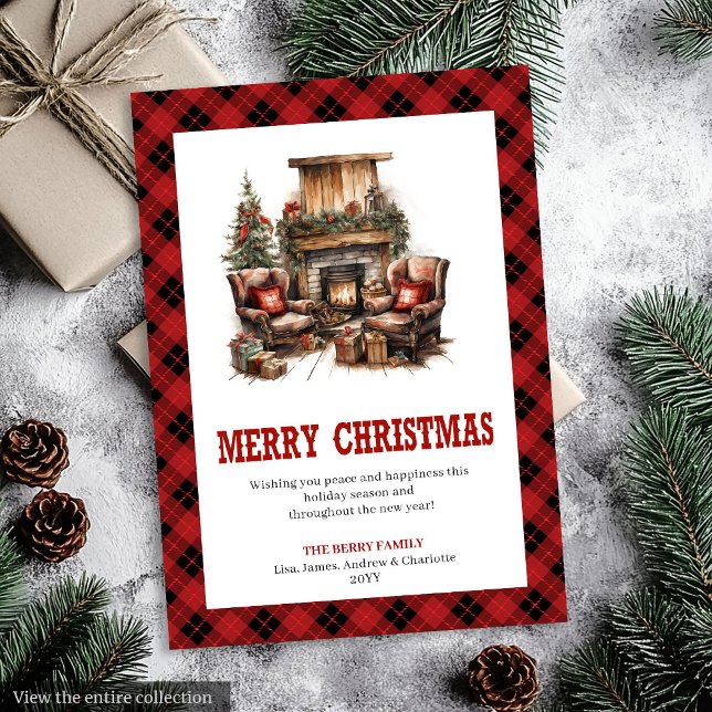 Western Cowboy Randigt Buffalo Julkort (Western Cowboy Plaid Buffalo Christmas Card)