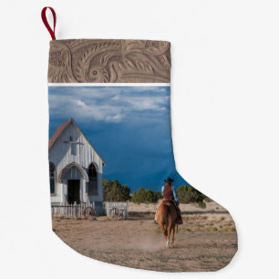 Western Cowboy Riding Horse to Church Faux Leather Liten Julstrumpa