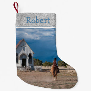 Western Cowboy Riding Horse to Church Liten Julstrumpa