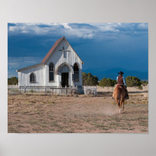 Western Cowboy Riding Horse to Church Print Poster
