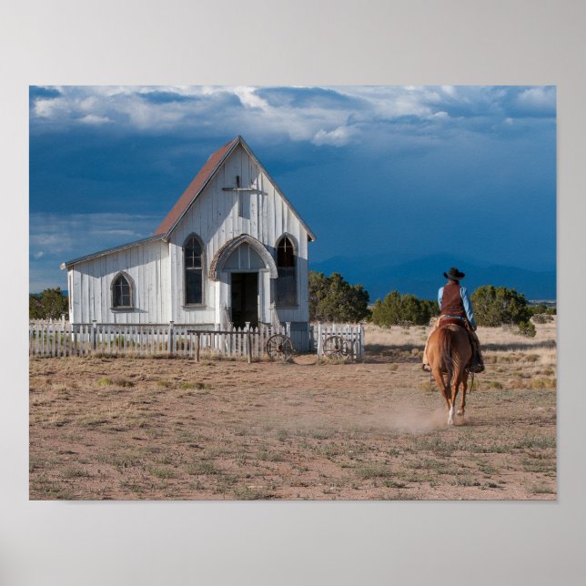 Western Cowboy Riding Horse to Church Print Poster (Framsidan)
