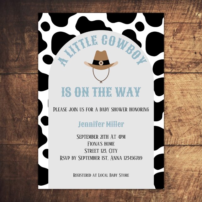Western Cowboy Rodeo Cow Print Boy Shower Inbjudningar (cowboy western rodeo baby boy shower invitation cow print cowboy hat baby blue)