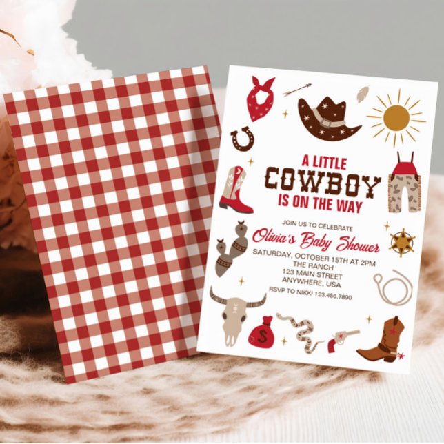 Western Cowboy-rutigt rött bebisfest-inbjudningsko Inbjudningar (Skapare uppladdad)