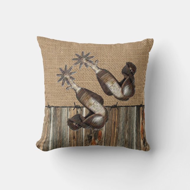 Western Cowboy Spurs Burlap Barn wood Barbed Wire Kudde (Framsida)