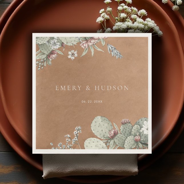 Western Cowboy Vintage Southwest Floral Wedding Pappersservett (western wedding theme southwestern botanical cactus floral art copper beige napkin)