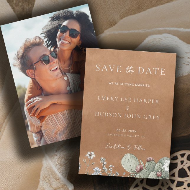 Western Cowboy Vintage Southwest Photo Wedding Spara Datumet (western wedding theme southwestern botanical cactus floral art photo save the date card)