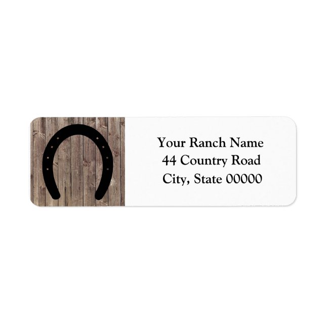 Western Cowboy Weasted Barn Wood Horseshoe Returadress Etikett (Framsidan)