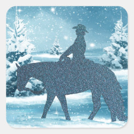 Western Cowboycowgirl Horse Winter Snö Scene Fyrkantigt Klistermärke