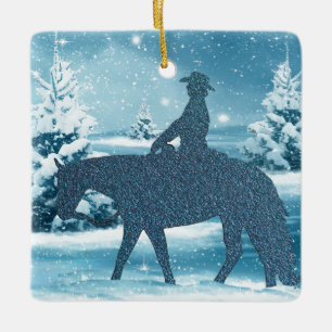 Western Cowboycowgirl Horse Winter Snö Scene Julgransprydnad Keramik