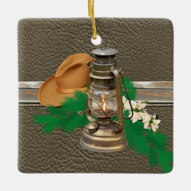 Western Cowboyhatt Lantern Faux Wood Leather Skriv Julgransprydnad Keramik (Framsida)