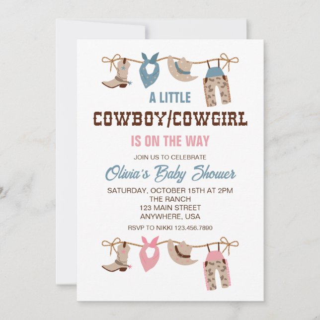 Western Cowboys Cowgirl gender visar babyskor Inbjudningar (Framsida)