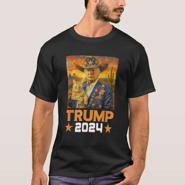 Western Cowboytrump 2024 och Cat Patriotic 4:e av T Shirt (Framsida)