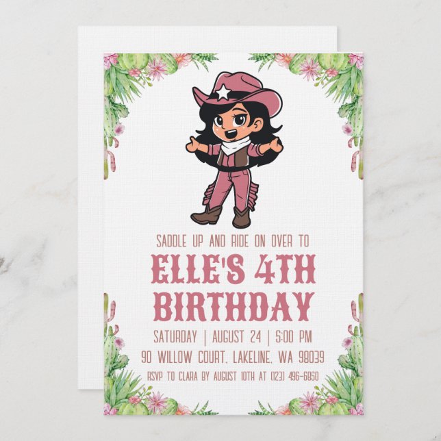 western cowgirl birthday invitations inbjudningar (Fram/baksida)