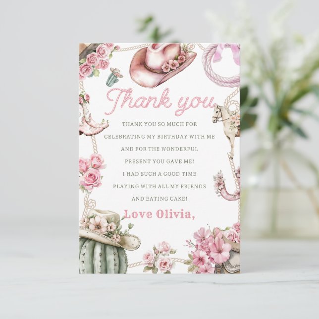 Western Cowgirl Birthday Party Thank You Card Tack Kort (Stående Fram)