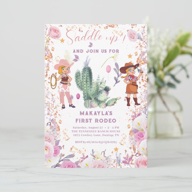 Western cowgirl-Blommigt Vattenfärgsförsta födelse Inbjudningar (Stående Fram)