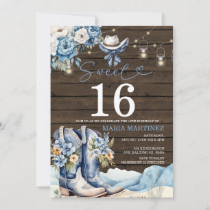 Western Cowgirl Blue Blommigt Wood Sweet 16 Birthd Inbjudningar