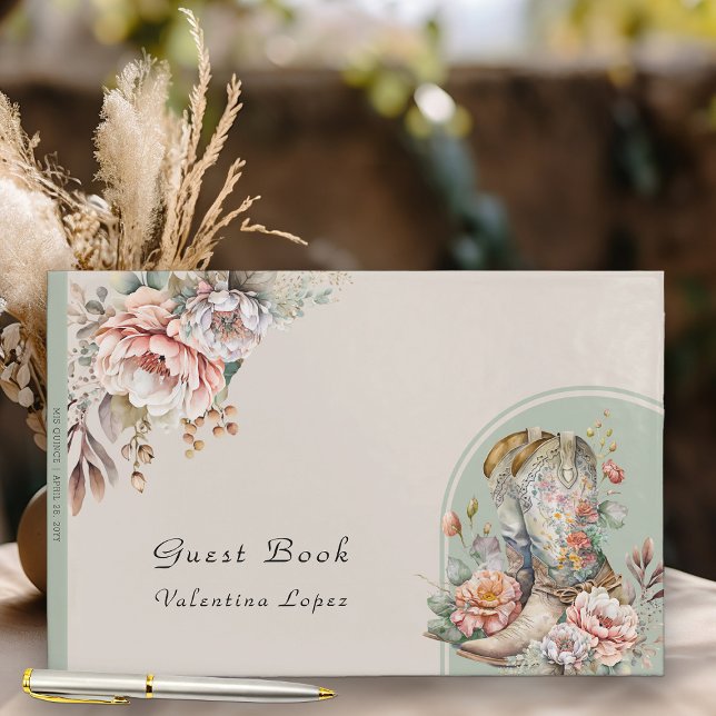 Western Cowgirl Boots Boho Blommigt Quinceanera Gästböcker (Guest Book from my Boho Floral Cowgirl Boots Quinceanera Collection)