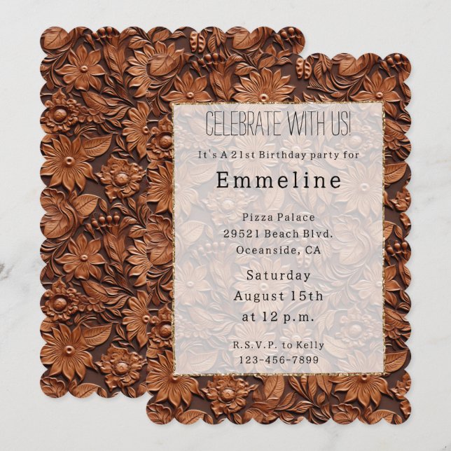 Western Cowgirl Brown Blommigt Faux Leather Inbjudningar (Fram/baksida)