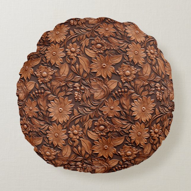 Western Cowgirl Brown Blommigt Rund Kudde (Framsidan)