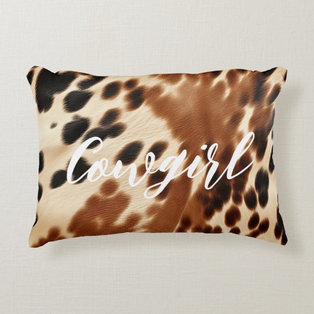 Western Cowgirl Brown White Cowhide Prydnadskudde (Framsidan)
