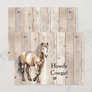 Western Cowgirl Cowboy Horse Faux Wood Vykort