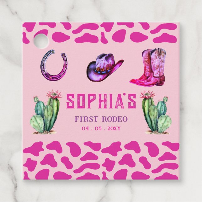 Western Cowgirl First Rodeo Rosa Girls Birthday Gåvor Etiketter (Framsida)