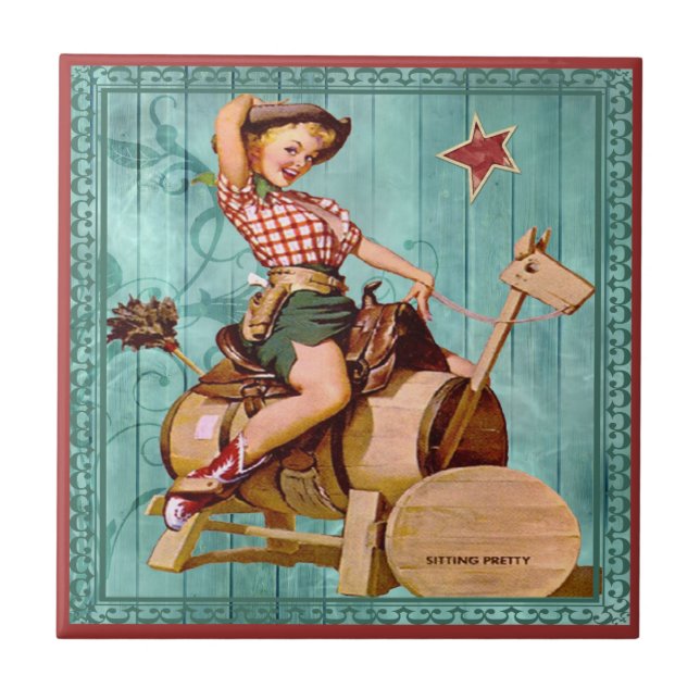 Western Cowgirl för vintage på trähästturkos Kakelplatta (Framsidan)