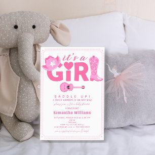 Western Cowgirl It's a Girl Rosa Rutiga Babyfirand Inbjudningar
