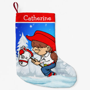 Western Cowgirl Kid On Stick Horse Winter Scene Liten Julstrumpa