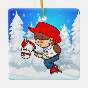 Western Cowgirl Kid On Stick Horse Winter Scene Sq Julgransprydnad Keramik