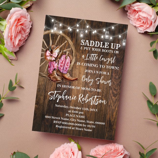 Western Cowgirl kommer till Rosa Baby Shower Inbjudningar (Skapare uppladdad)