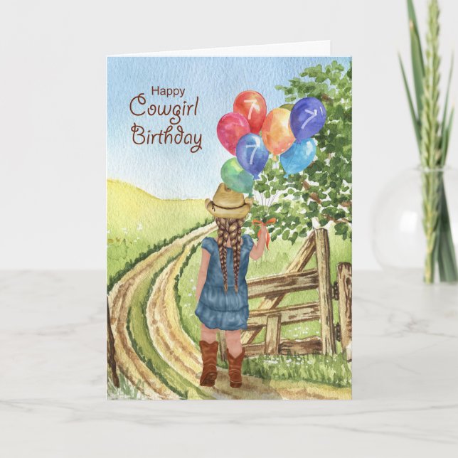 Western Cowgirl med Balloon Girl's 7:e Birthday Kort (Framsida)