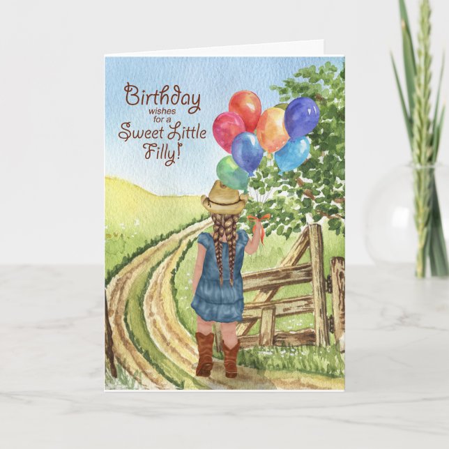 Western Cowgirl med Balloon Girl's Birthday Kort (Framsida)