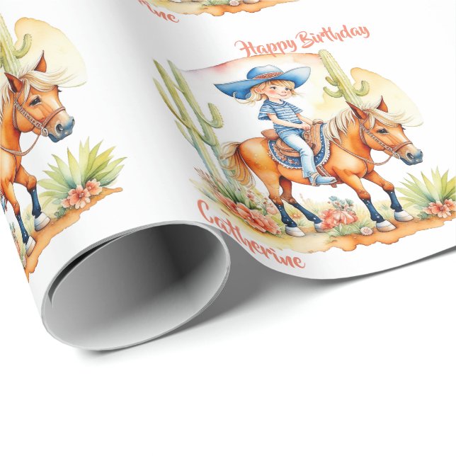 Western Cowgirl på Horse Personlig Birthday Presentpapper (Rullad Hörn)